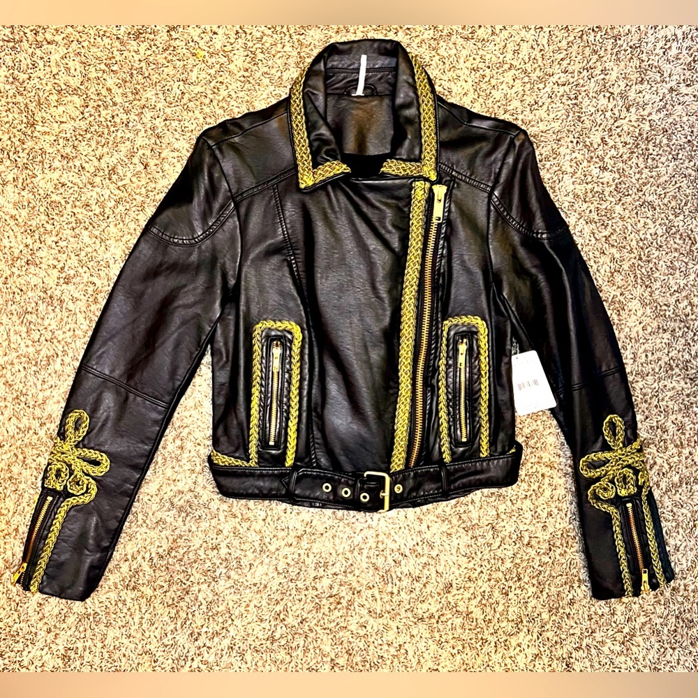 Free People Bang Bang Vegan Leather Embroided Jacket Size Small - New With Tag